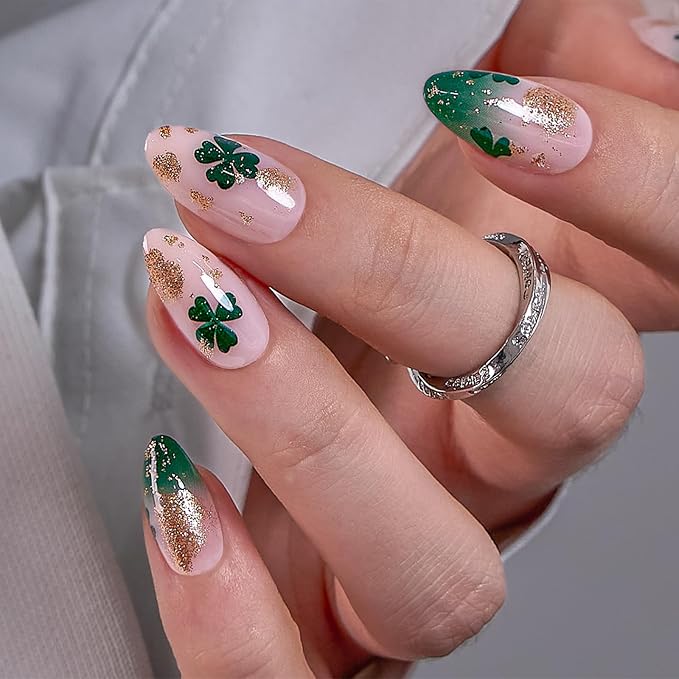 CurvLife Soft Gel Alomond Press On Nails, Long-Lasting Reusable Fake Nails Kit with Glue & Tabs, 30pcs Salon-Quality Stick On Nails for Women At-Home Manicure (Lucky Charm)