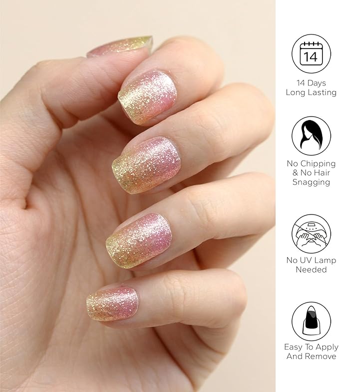 Nail Polish Strips, 20Pcs Salon Quality Gel Nail Stickers, Easy Long Lasting Wraps for Short Nails no UV Light Needed (Pink Yellow)