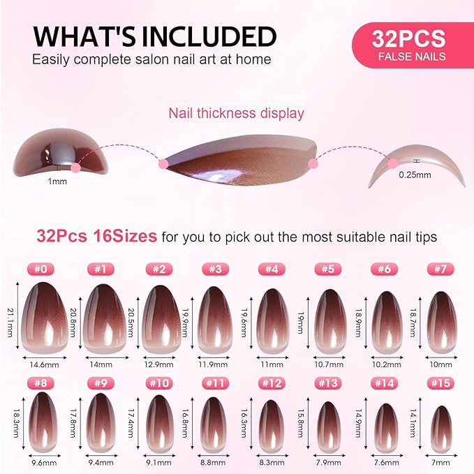 Findigit Ombre Press On Nails Almond Short - Glaze Soft Gel Press on Nails Almond, Glue on Nails with Nail Glue, Reusable Stick on Nails in 16 Sizes,32 Fake Nails Kit,Coffe Ombre