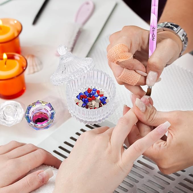 Acrylic Nail Brush Dappen Dish Set - 6Pcs Acrylic Nail Brush and 2Pcs Crystal Dappen Dish with Lid for Acrylics Nails, Monomer Dishs Nail Glass Cup Nail Art Brushs Set for Acrylics Nails Liquid Powder