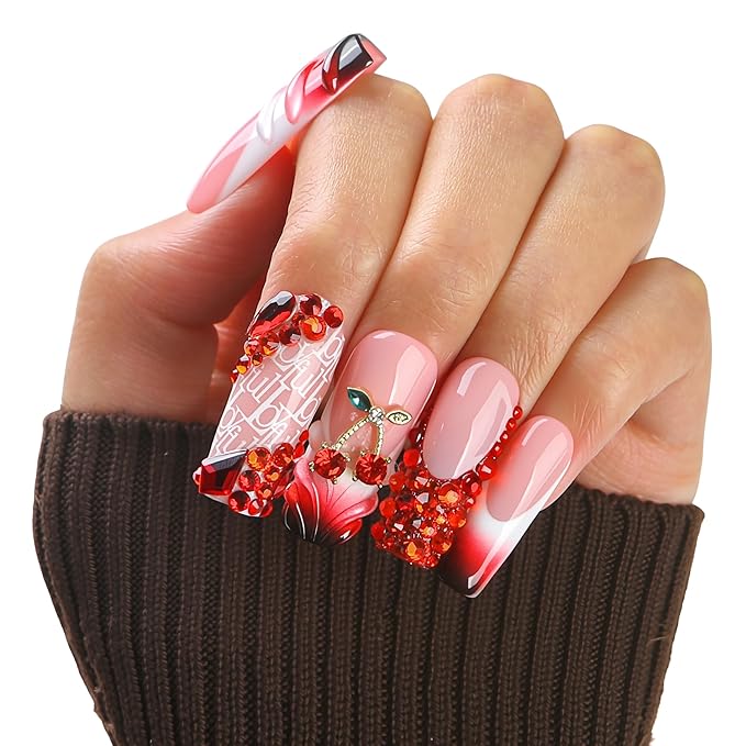 LOVFUL Short French Tip Press on Nails Cherry Obsession | Handmade Acrylic Press ons| Reusable Fake False Nails | Square Classic Regular 1.3in | H759-S
