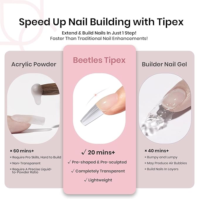 Beetles Tipex Instant Apex Nail Tips, Coffin Medium, 16 Sizes (00–14), 192pcs, Built-In Apex, No Builder Gel Required, Thicker Strong Acrylic Tips for DIY Nail Extensions