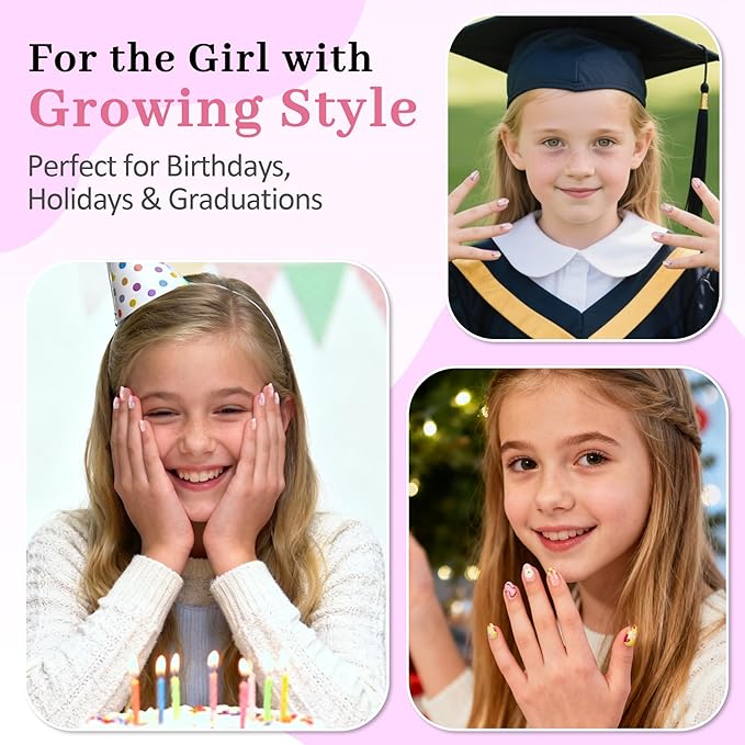 16 Sizes 128 Pieces Press on Nails for Kids, 4 pack Kids Nail Kit Colorful Flower Almond Fake Nail Tips for Girls 8-12 Years Old with Jelly Nail Adhesives & Nail Glue Birthday Easter Gifts