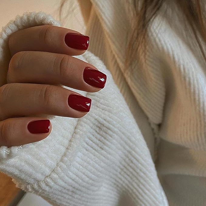 Burgundy Red Press on Nails Short Square, Natural Short Gel Nails Glue on Acrylic Nails Press ons, 48Pcs Thick Reusable Fake Nails for Women, Short Coffin Artificial Nails New Solid Color Square Nails