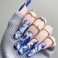 24 Pcs Long Press on Nails Coffin Fake Nails Press on Reusable Gel Stick on Nails for Women Glossy Acrylic False Nails Artificial Jelly Nails Blue Golden Smoke Lrregular Stripes