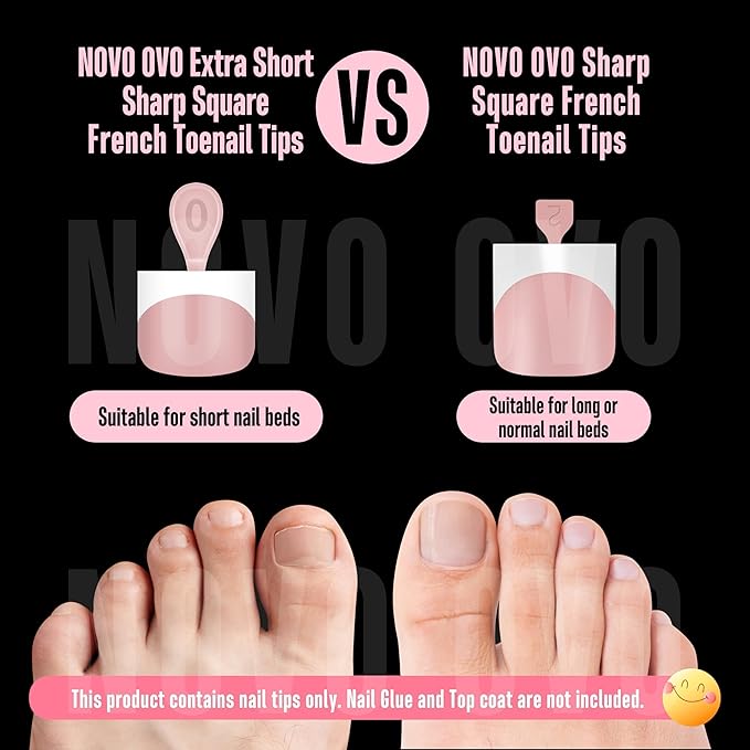 NOVO OVO Extra Short Toe Nail Tips White French Tip BABY PINK Sharp Square Press On, Soft Gel False Fake Toenail Extension Kit, Need Apply Top Coat Buider Gel Nail Glue, Salon DIY x 16 Sizes 224 Pcs