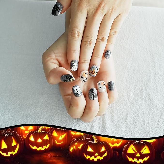 Nightmare Before Christmas Press On Nails Short Square – Glossy Grey Fake Nails with Pumpkin Ghost House Black Cat Design, Multi-Layer Gel Acrylic Nails (Autumn Haunted Story,M)