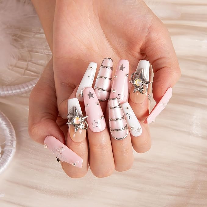 LOVFUL Press on Nails Stargaze | Handmade with Full Covered Crystals | Reusable Full Cover Nails | Coffin Classic Regular 1.3 in | H300-L