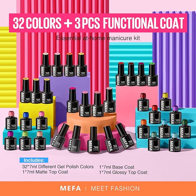 MEFA 35 Pcs Gel Nail Polish Set, 32 Colors Christmas Neon Rainbow Bright Gel Nail Polish Yellow Hot Pink Nail Art Manicure DIY Decoration Beginners Salon Home Gift for Women