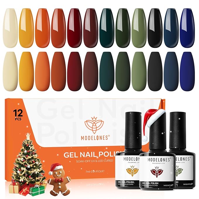 Modelones Gel Nail Polish Set, 12 Colors Christmas Winter Nude Brown Gel Polish Yellow Pumpkin Orange Sage Green Blue Wine Dark Red Nail Gel Polish Set Soak OFF LED Nail Art Gel Nail Gift Salon DIY