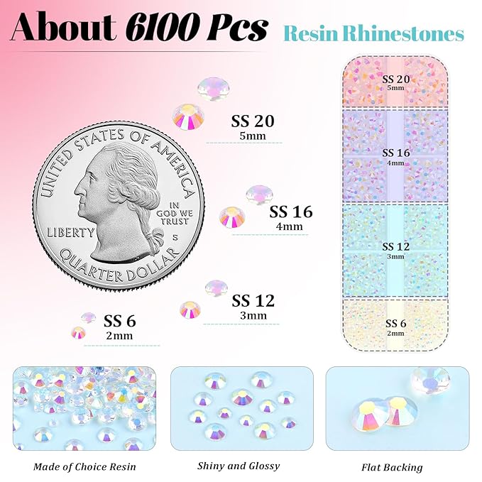 6100Pcs Jelly Resin Rhinestones for Crafting with 2Pcs 10ml B7000 Jewelry Glue, 1 Box Flatback Crystals Diamond (Transparent AB) for Bedazzling Crafts DIY Nail Art Non Hotfix Gems for Clothing Shoes