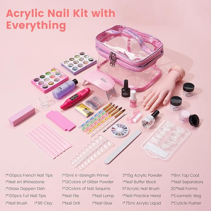 Nail Kit for Beginners with Everything: Professional Nail Acrylic Powder Liquid Set with Practice Hand Drill U V Light in Cosmetic Bag for Women Salon Home (Pink)