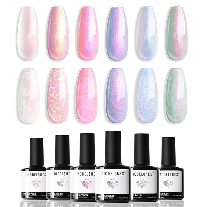 modelones Pearl Gel Nail Polish Set, 6 Colors 2026 Spring Aurora Iridescent Shimmer White Pink Purple Mermaid Nail Drawing Glitter Gel Polish LED Swirl Shell Thread Effect with Dotting Pen DIY Gift