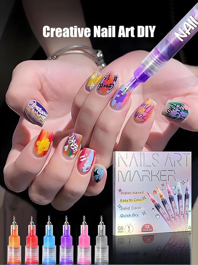 Fine Tips 3D Nail Art Pens, 12 Colors 0.5 MM Nail Marker Pens Nail Point Graffiti Dotting Drawing Painting Liner Pen for Home Salon Quickly Dry Nail Art Valentine Gift