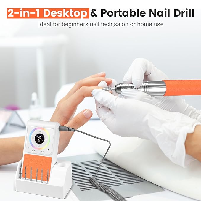 Professional Nail Drill, 40,000RPM Electric Brushless Nail Drill, Rechargeable, Portable, Touch Control, Quiet, Vibration-Free, Cordless Nail File Machine with 7PCS Drill Bits