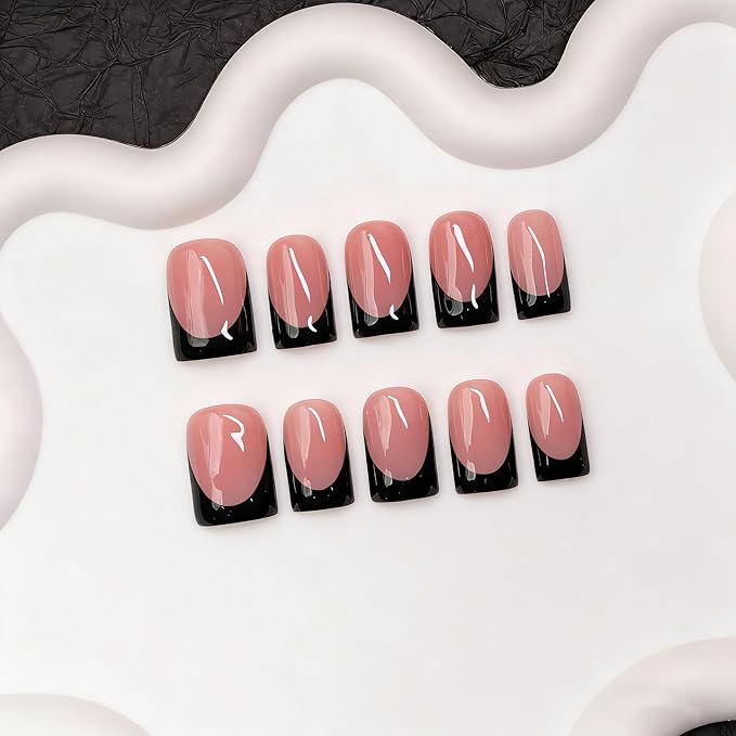 Handmade Press on Nails Black French Tip False Nails with Designs Solid Color Luxurious Thickened Short Square Fake Nail Full Cover Muti-Layer Gel Acrylic Nails Stick on Nail for Women（S)