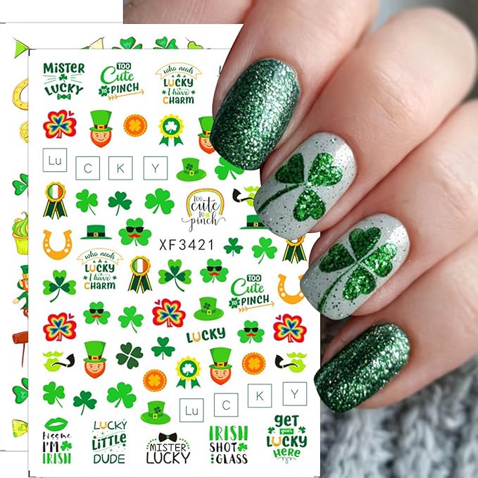 6 Sheets St. Patrick’s Day Nail Stickers 3D Self-Adhesive Green Shamrock Nail Art Stickers Clover Hat Golden Jar Coins Design Lucky Irish Nail Decals Nail Art Supplies for Women Acrylic Manicure