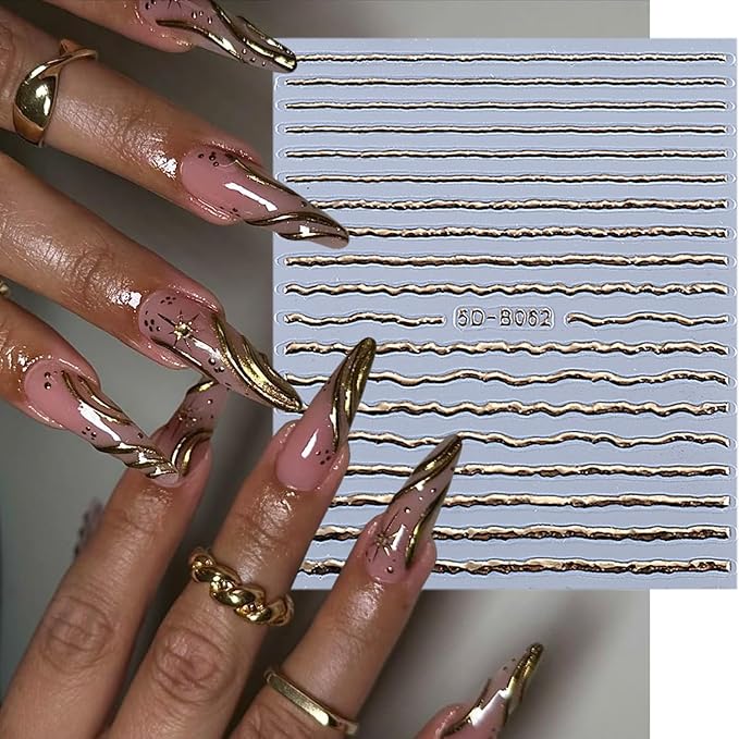 2 Sheets Gold Nail Stickers Embossed French Lines Nail Art Stickers 5D Self-Adhesive Gold Line Nail Decals French Nail Supplies for Women DIY Manicure Decorations