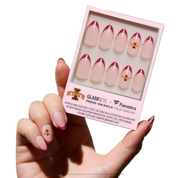 Glamnetic x Fanatics Press On Nails - Iowa State Cyclones | Short Almond Fake Nails, Collegiate Cyclones Red French Tips, College Nails, Salon-Quality | 15 Sizes - 30 Nail Kit with Glue