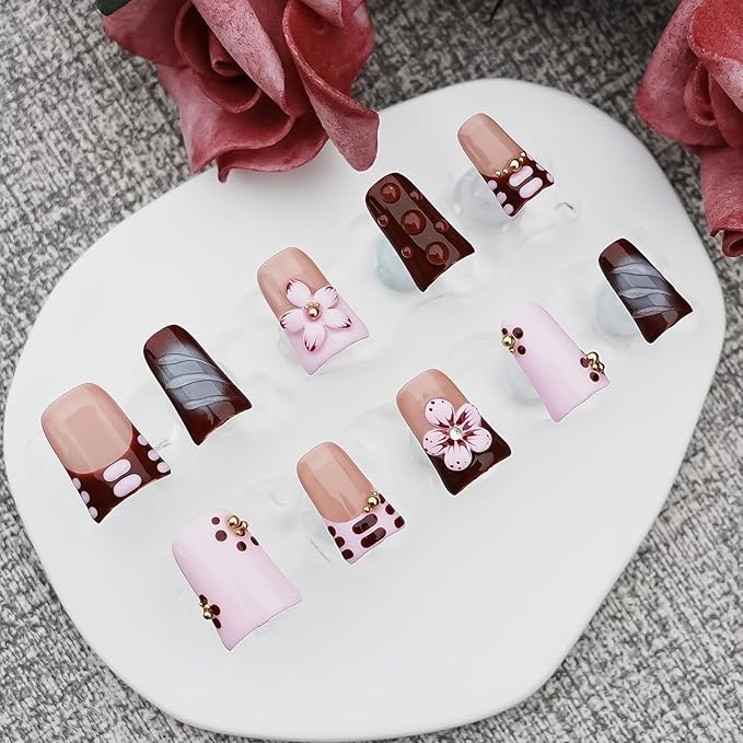 Handmade Duck Press on Nails, 3D Luxury Rhinestone Flower Design French Dark Brown Fake Nails Short Duckbill-shaped False Nails for Women Nail Art DIY (Blush Mauve Flower Waltz,L)