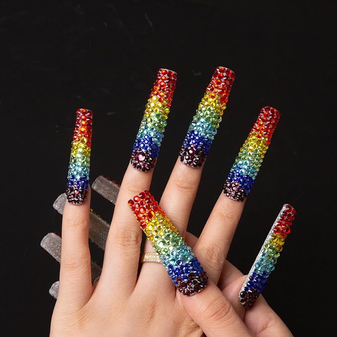 LOVFUL Press on Nails Rainbow | Handmade with Full Covered Crystals | Reusable Fake Nails | Square Long 2.2 in | H90-M