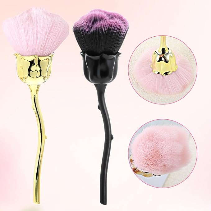 2PCS Nail Dust Brush Powder Remover Large Acrylic Nail Art Dust Brushes Rose-Shaped Fluffy Duster Brush for Nail Dust Collector Trimming Cleaning Makeup Brush Tools Pink Black