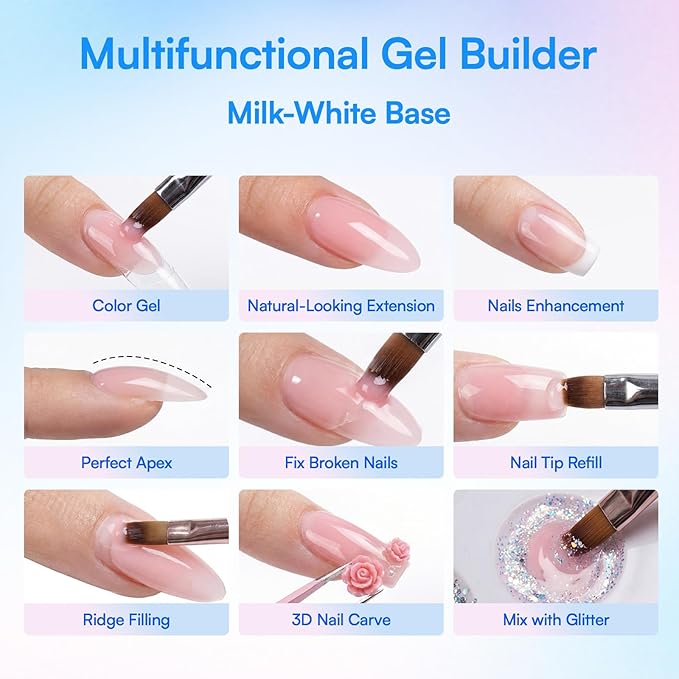 Makartt Milky White Gel Builder Kit Long Lasting Extension Hard Gels for Strengthener, Broken Nails Repair Gel Kit with Paper Forms, Dual forms, Nail File and Dual-End Brush Home Salon DIY1.06 oz