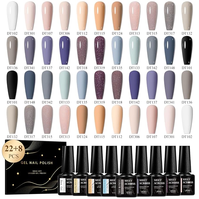 MEET ACROSS Nude Gel Nail Polish Kit 22 Colors Gel Polish Set Skin Tones Neutral Gray Purple Series Soak Off Uv Led Lamp Gel Nail Kit DIY Nail Art Salon Home Gift 30Pcs