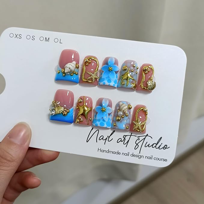 Handmade Duckbill Press on Nails - Ocean Blue Gold French Tips 3D Sea Shell Design Hand Painted Glossy False Nails for Women Girls- Acrylic Duck Shape Glue on Nails for Vacations Gifts(S)