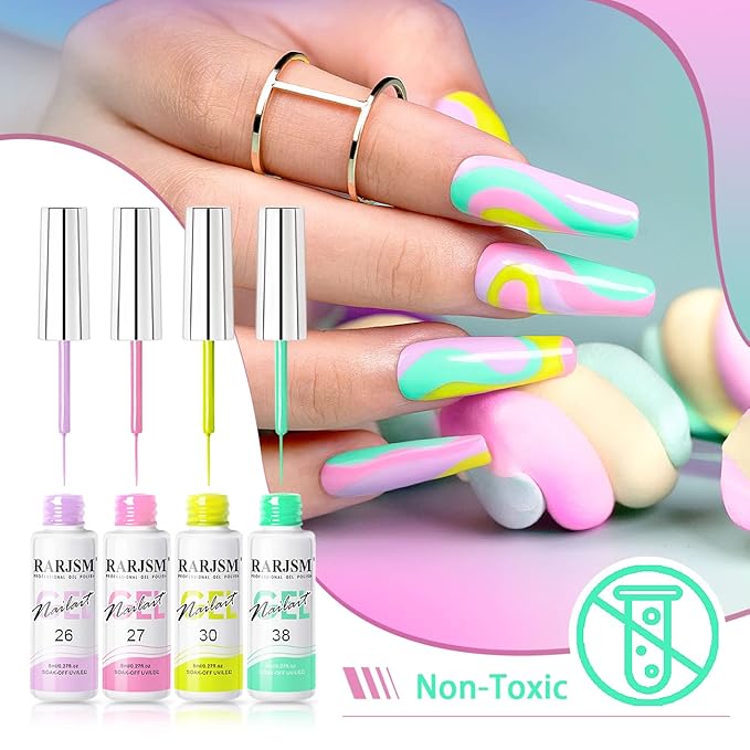 RARJSM Nail Art Gel Liner 24 Color Line Art Painted Gel Nail Polish Set Pink Blue Green Silver Gold Glitter for Nails Painting Drawing Soak Off U V L E D Curing Requires Bulid in Thin Nailart Brush