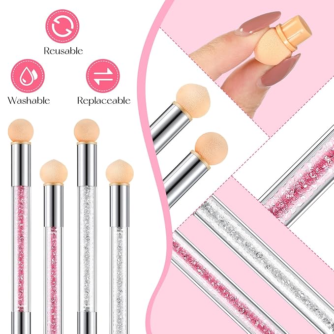 Maitys 4 Pcs UV Gel Gradient Sponges Pens with 16 Pcs Replacement Head Nail Sponges for Ombre Double Head Brush for Nail Art Manicure DIY Tools(Pink, White)