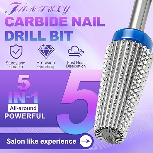 FANTEXY 3/32" Carbide Nail Drill Bits - 5 in 1 Cuticle Drill Bits for Nails, Gel Remover Drills Bit, Professional Nails File Bits for Old Skin and Nails, Manicure Pedicure Gel Polishing (Medium - M)