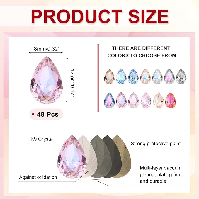 MECCANIXITY 48 Pcs 3D Teardrop Rhinestones Diamond Nail Charm Crystal Pointback K9 Glass Rhinestones Crystal Gems for Jewelry Making, Craft, 8x12mm, Rose Pink