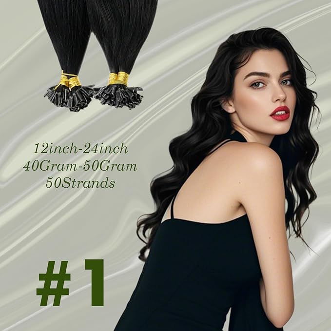 RUNATURE U Tip Hair Extensions Human Hair Jet Black U Tip Hair Extensions Real Human Hair 24 Inch Keratin Tip Extensions Real Hair Black Hot Fusion Extensions Long Remy Hair Add Length 50g 50s