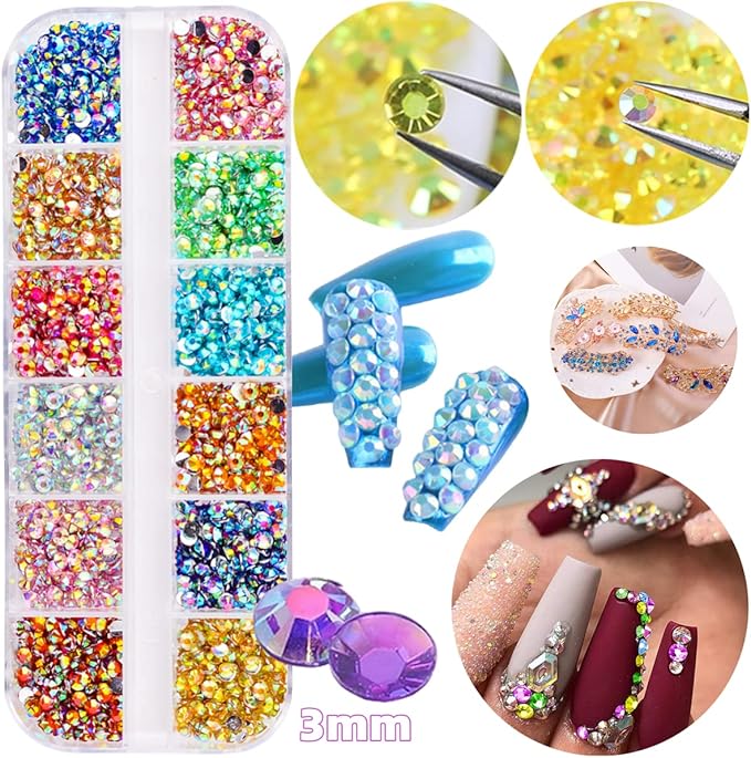 5 Boxes 3000pcs Sparkling Crystal Nail Rhinestones Pearls Kit, Flatback Multicolor Transparent Jelly AB Mermaid Gems with Pick Up Pen and Curved Tweezers for Manicure Salon & Craft DIY Designs (4mm)