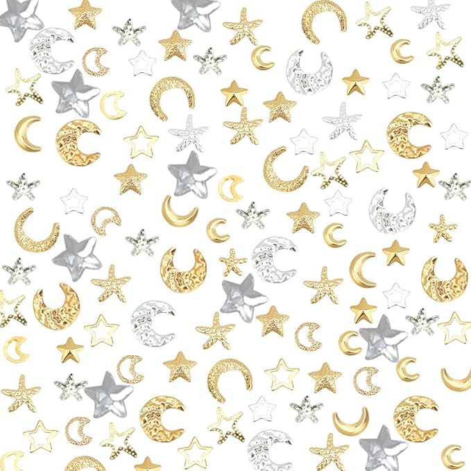 OLYCRAFT 480pcs 16 Styles Star Moon Starfish Resin Fillers Brass Cabochons Nail Art Decoration Accessories Resin Accessories Supplies for Jewelry Making Nail Art Decoration - Gold & Silver