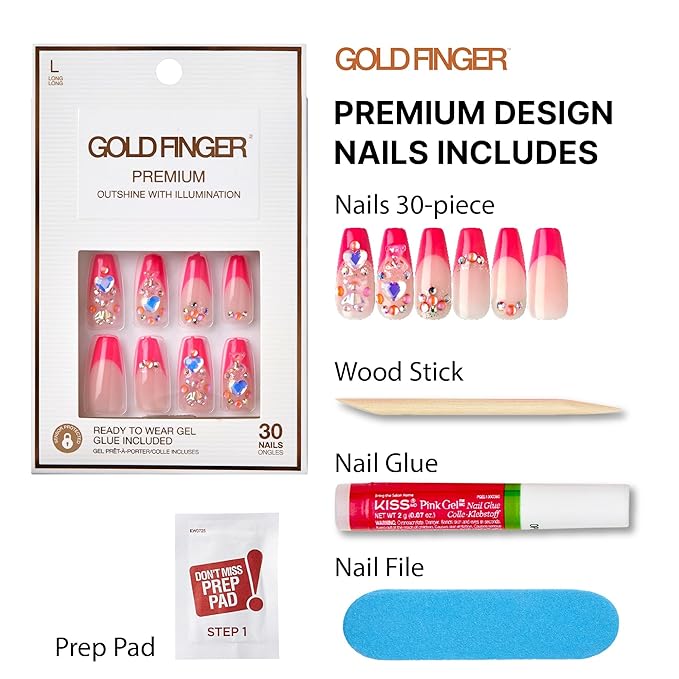 GoldFinger Premium Luxury False Nails Kit, Ready to Wear Pink French Nails, Manicure Stick and Glue Included, Long Coffin Shape with 3D Rhinestones, Long-Lasting Hottest Trend Glue on Nails