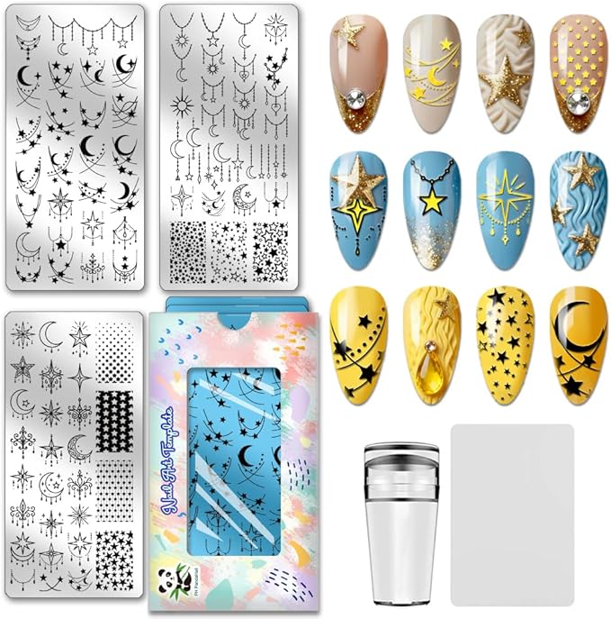 PH PandaHall 3pcs Moon Star Nail Stamping Plates, Mysterious Star Moon Line Nail Art Templates Stainless Steel Image Plate Art Stencils with Tools for Women DIY Print Manicures Salon Design Supplies