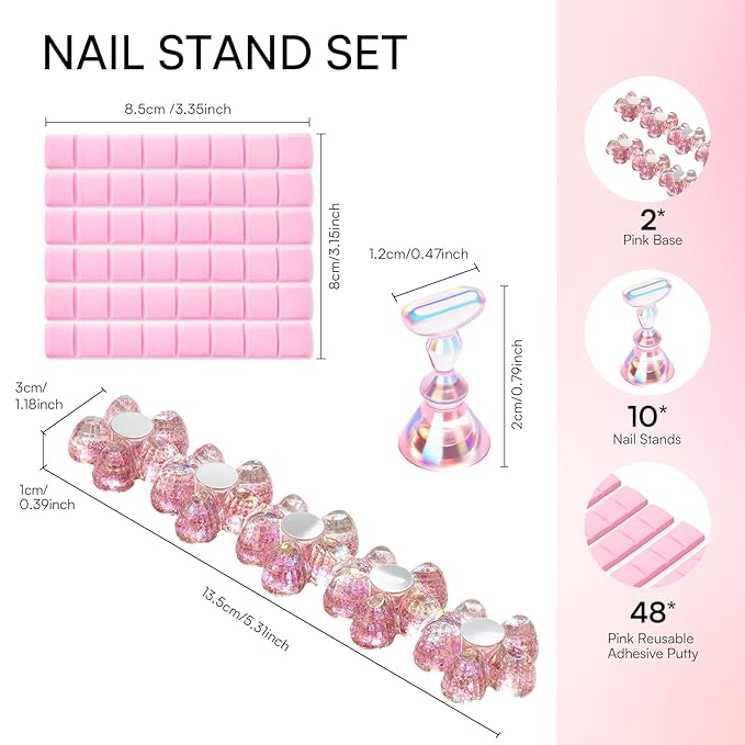Makartt Nail Stand: Pink Nail Holder for Painting Nails DIY, Magnetic Press on Stand for Art Display Practice, Pink Glitter Flower Fake Holder for Home Salon with Reusable Adhesive Putty