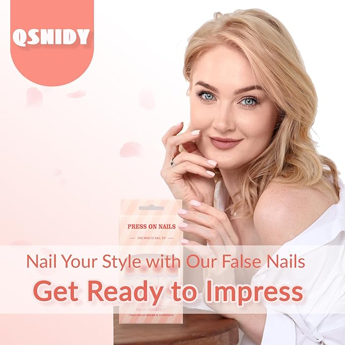Chrome Press On Nails Almond, Glazed Light Pink Glue on Nails Medium Press Ons, Acrylic Natural Fit Stick on Nails in 12 Sizes - 24Pcs Fake Nail Kit for Women Daily & Party Wear