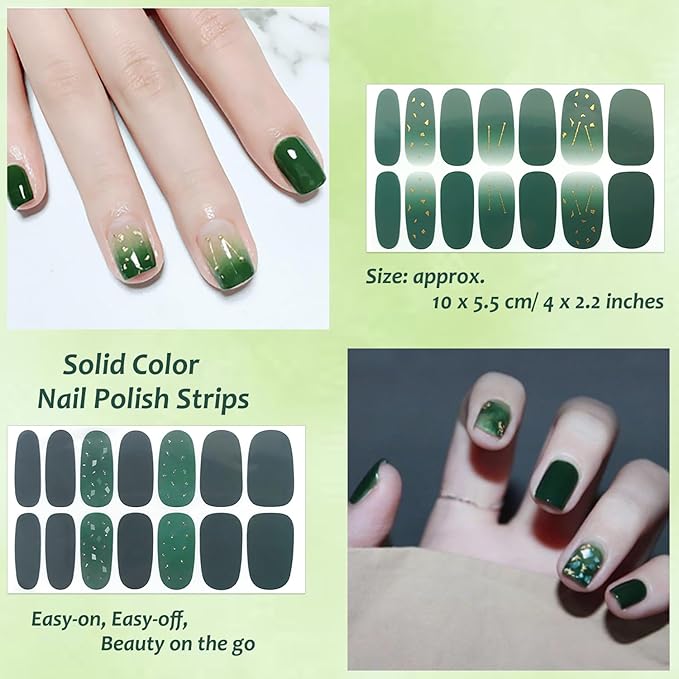 20 Sheets Green Solid Color Nail Polish Strips with Nail File Self-Adhesive St. Patrick's Day Nail Strips Nail Stickers Full Nail Wraps for Women Nail Art