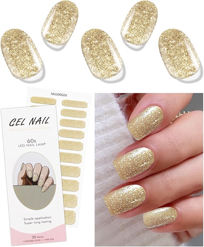 JMEOWIO Gel Nail Stickers Glitter Gold Christmas Semi Cured Gel Nail Strips Wraps UV/LED Nails Art Design Decoration Accessories