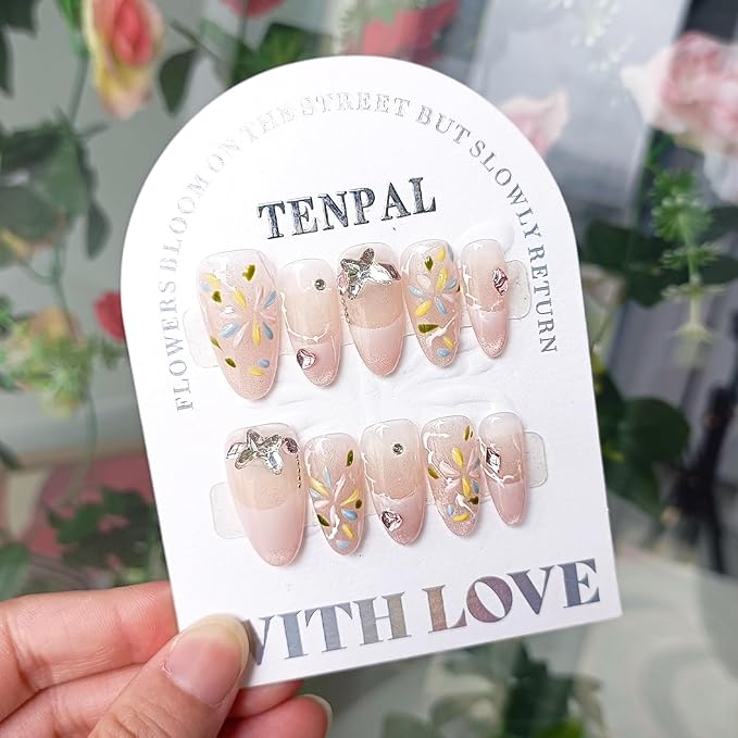 French Tip Press on Nails Short Almond Gradient Pink Nails Press Ons with Fireworks Flower Butterfly Chain Designs Cat Eye Nails Press ons Glossy Artificial Glue on Fake Nails Short(S)