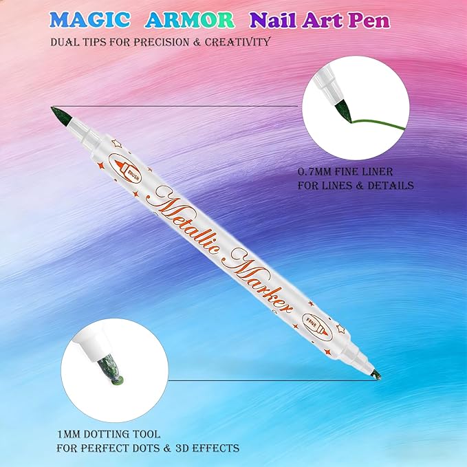 12 Colors Double-Ended Nail Polish Pens, Quick Dry 3D Acrylic Paint Markers for Nails, Fine Tip Liner Brush & Dotting Tool Set for DIY Nail Art Drawing