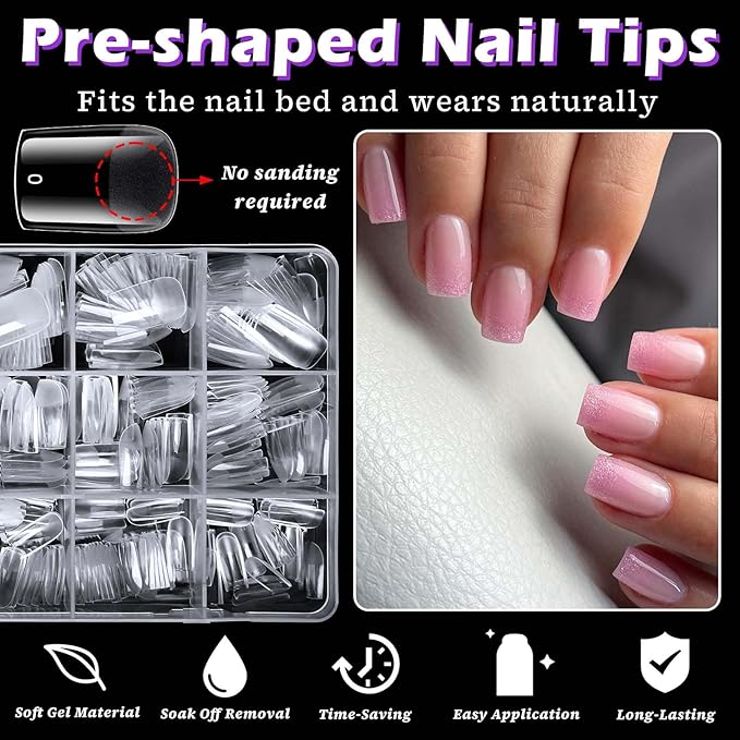 300pc Short Square Nail Tips, Soft Gel Nail Tip Square Fake Nails Artificial Fingernail, 15 Sizes Full Cover Clear Press on Nail Short Acrylic Nails Tips for Nail Extension, Press Nails Making