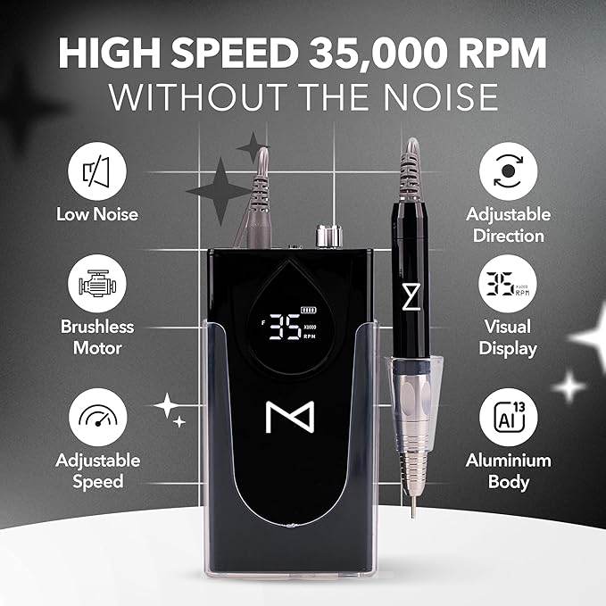 M Max - Professional Nail Drill Machine - 2-in-1 Brushless Motor Nail File - Electric, Cordless, Aluminium Alloy Casing, 35000 RPM, HD Display - Perfect for Salon & Home Use (Black)