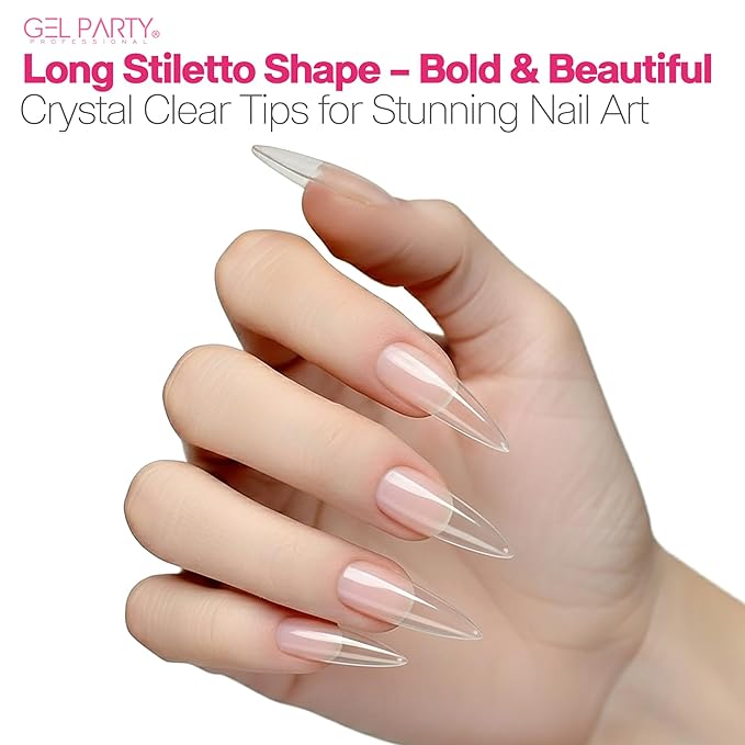 GELPARTY Soft Gel Nail Tips Long Stiletto - 240Pcs Pre-Buffed Matte Full Cover Tips - No Filing Needed, Soak Off Gel Extension System - Clear False Nails (12 Sizes)
