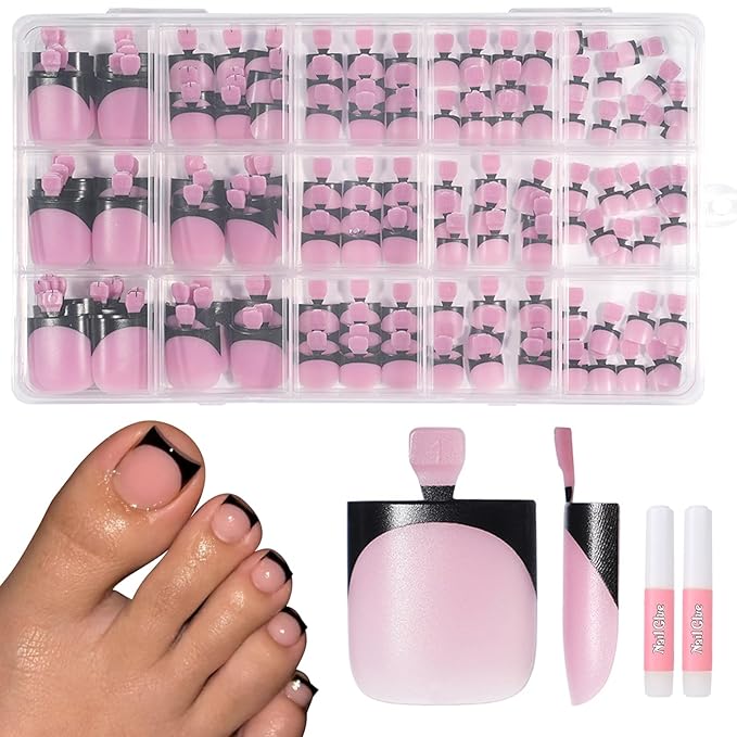 Toe Nail Press On with 2 Nail Glue, 150pcs Square French 15 Sizes Thick Soft False Toenail Extension, Black Full Cover Acrylic for Women Nail Art DIY