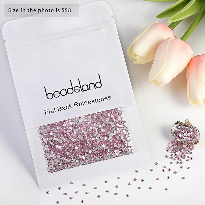 Beadsland Flat Back Crystal Rhinestones Round Gems for Nail Art and Craft Glue Fix, Light Pink, 2.3-2.5mm, SS8/1440pcs