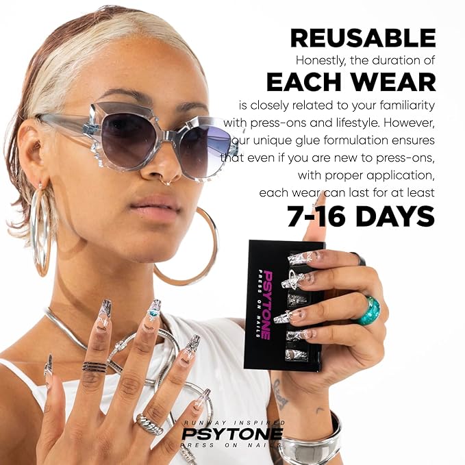 PSYTONE Rhinestones Press on Nails French Coffin Long Bling Fake Nails Nude Acrylic False Nails Full Cover Nails Square Nude Fake Nails Gradient Acrylic Full Cover False Nails for Girls